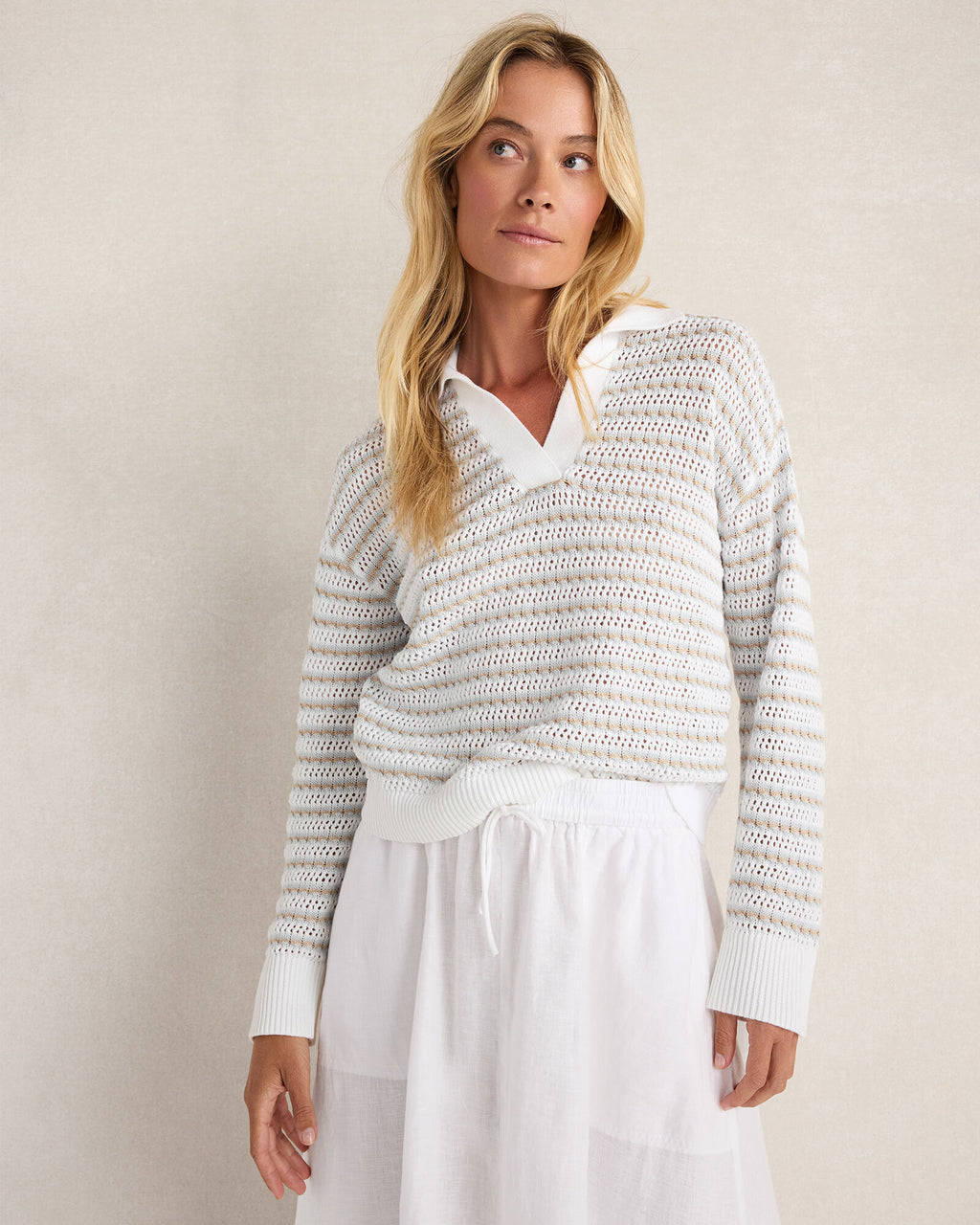 HAVEN Organic Cotton Stripe Mixed Stitch Johnny Collar Sweater 100% Organically Grown Cotton