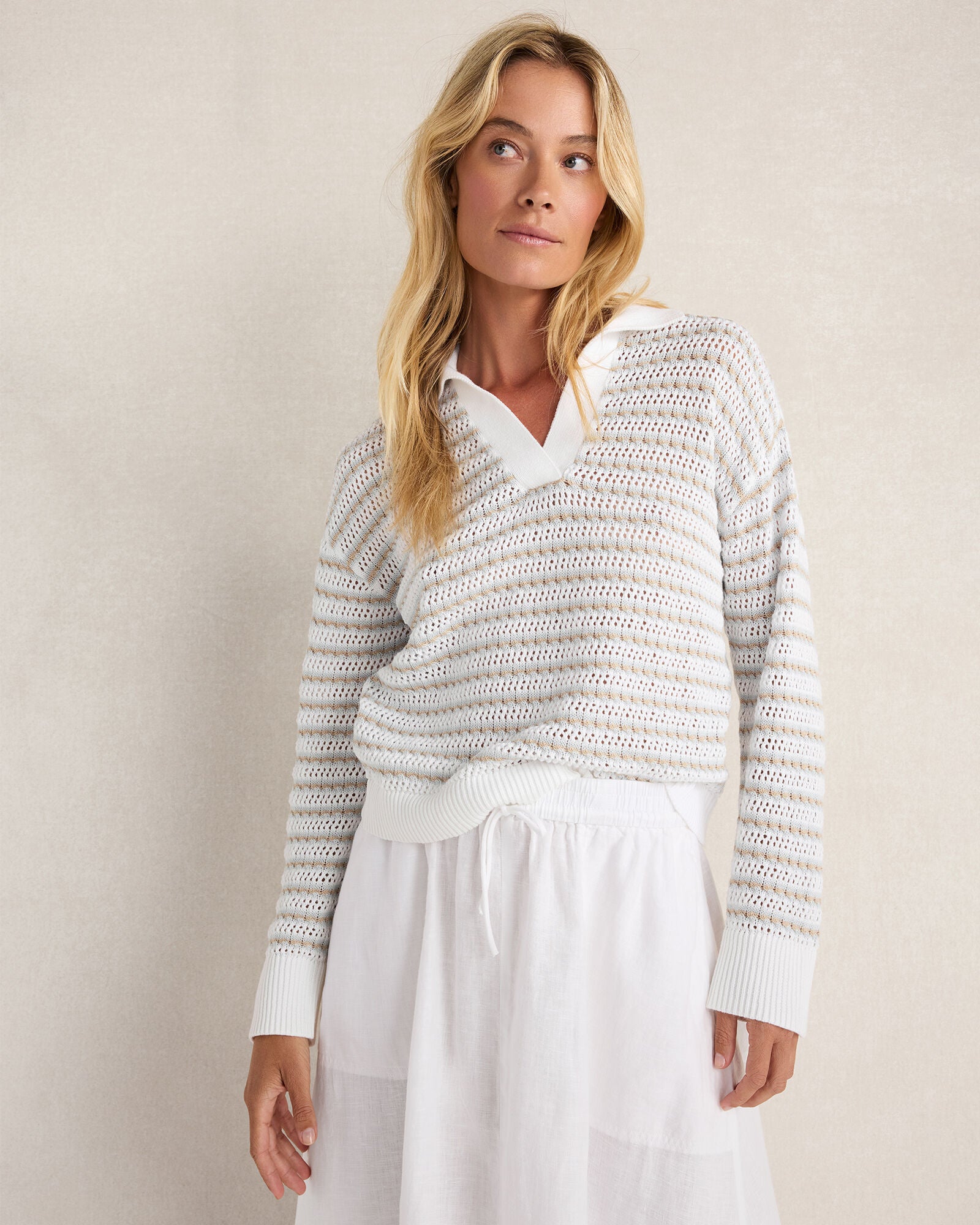 HAVEN Organic Cotton Stripe Mixed Stitch Johnny Collar Sweater 100% Organically Grown Cotton
