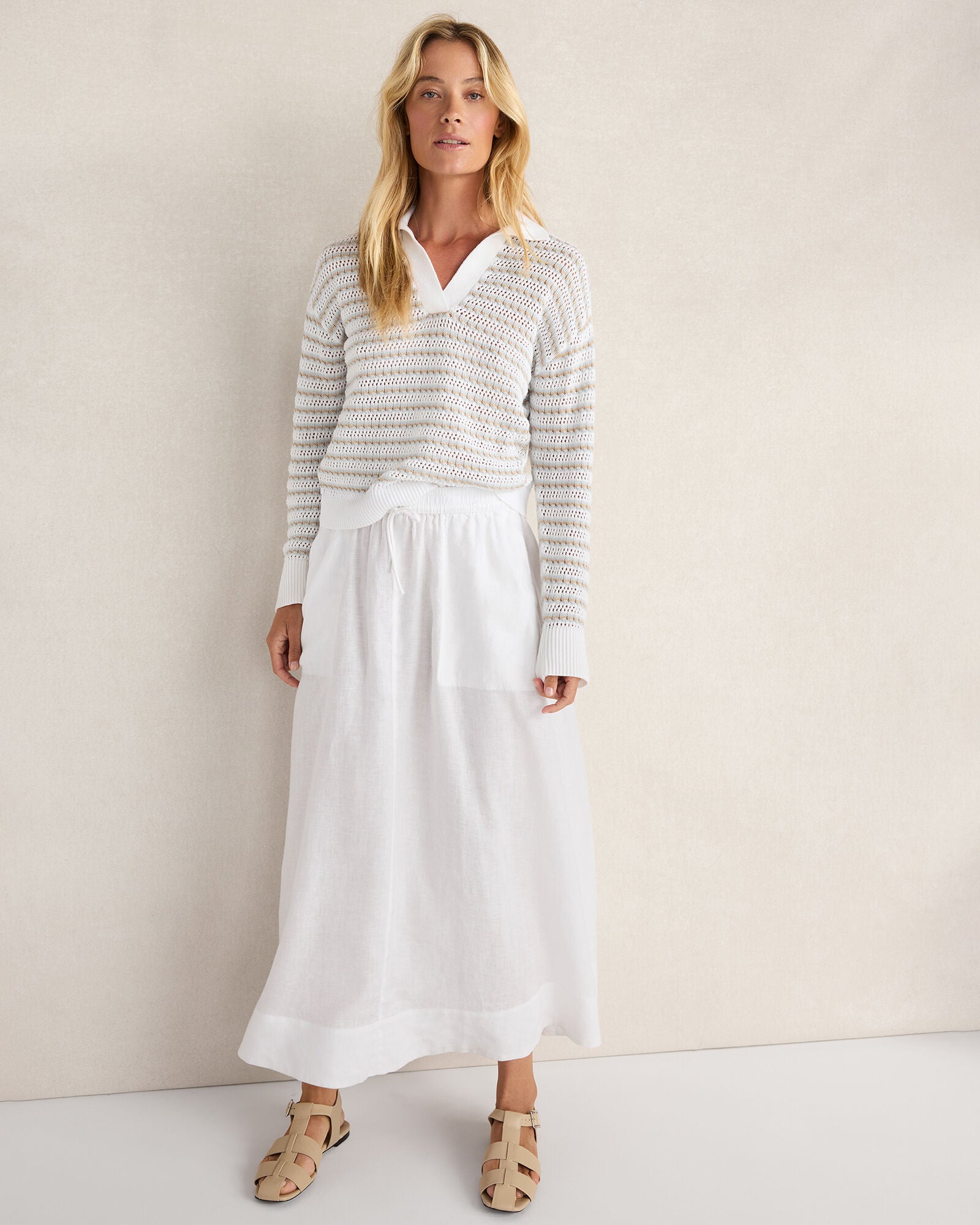 HAVEN Organic Cotton Stripe Mixed Stitch Johnny Collar Sweater 100% Organically Grown Cotton