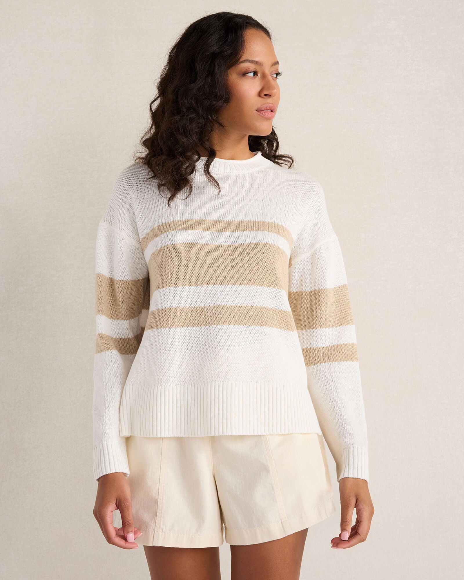 HAVEN Cotton Linen Stripe Roll Neck Sweater 52% Linen 48% Cotton
