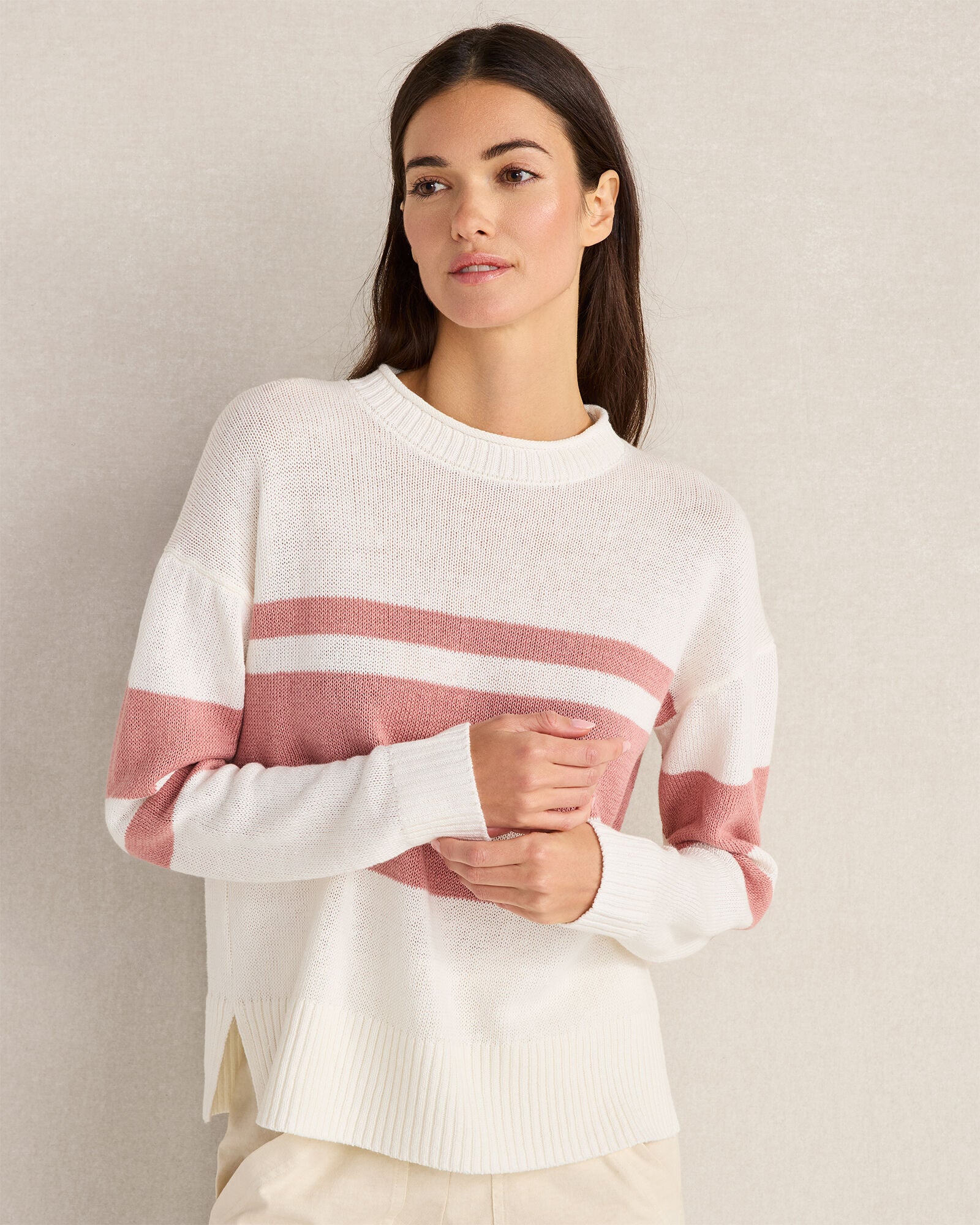 HAVEN Cotton Linen Stripe Roll Neck Sweater 52% Linen 48% Cotton