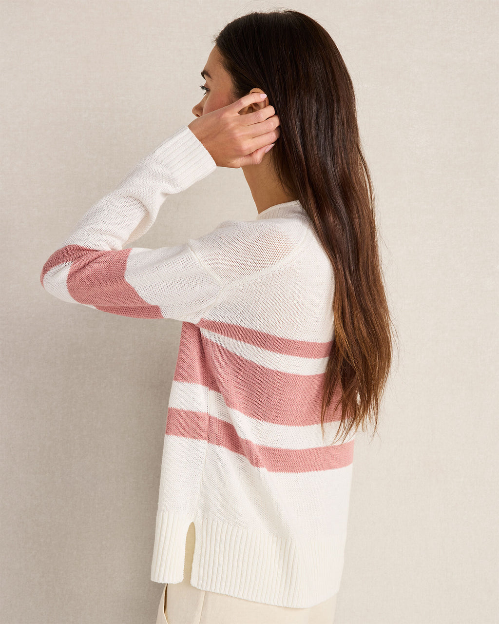 HAVEN Cotton Linen Stripe Roll Neck Sweater 52% Linen 48% Cotton