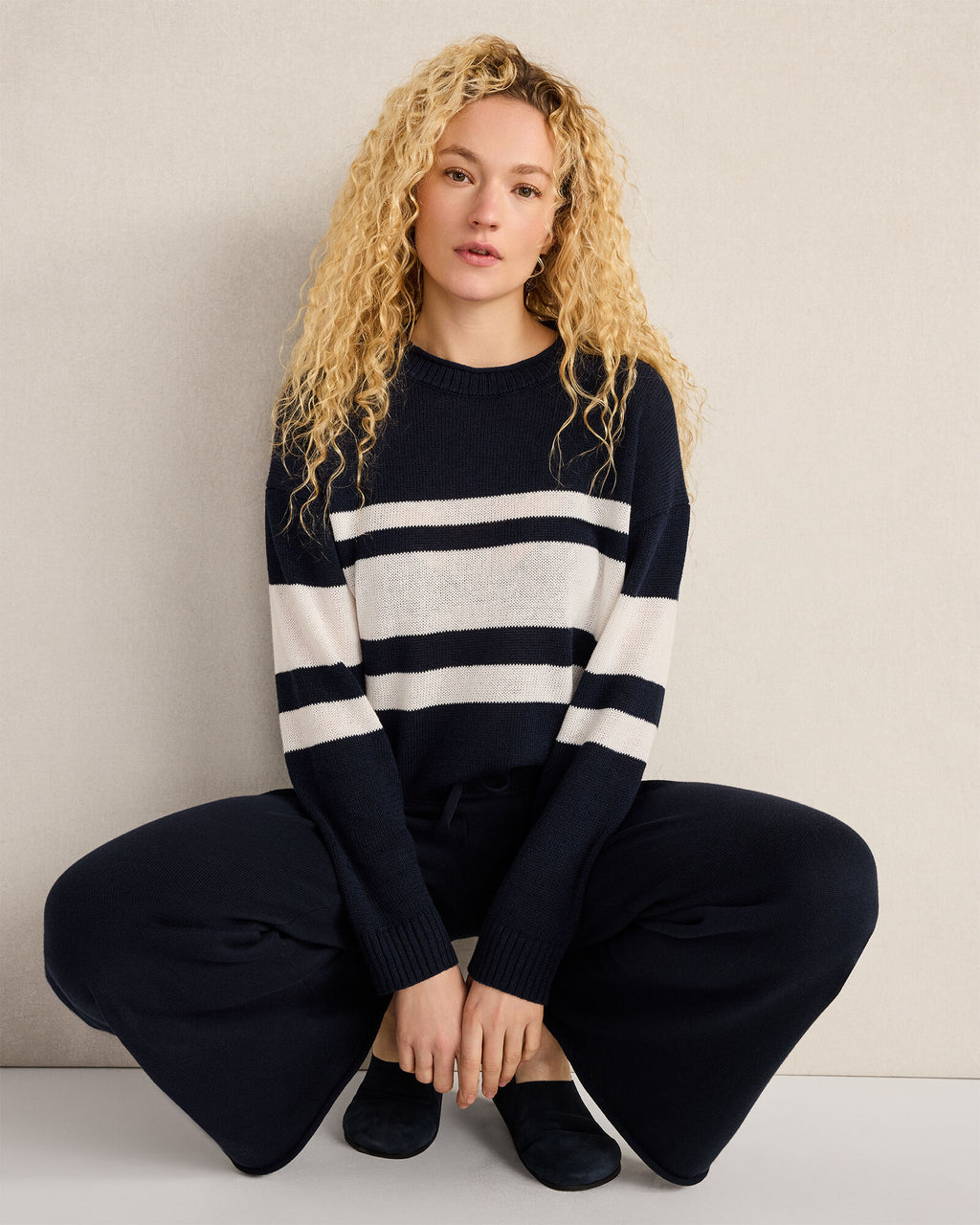 HAVEN Cotton Linen Stripe Roll Neck Sweater 52% Linen 48% Cotton