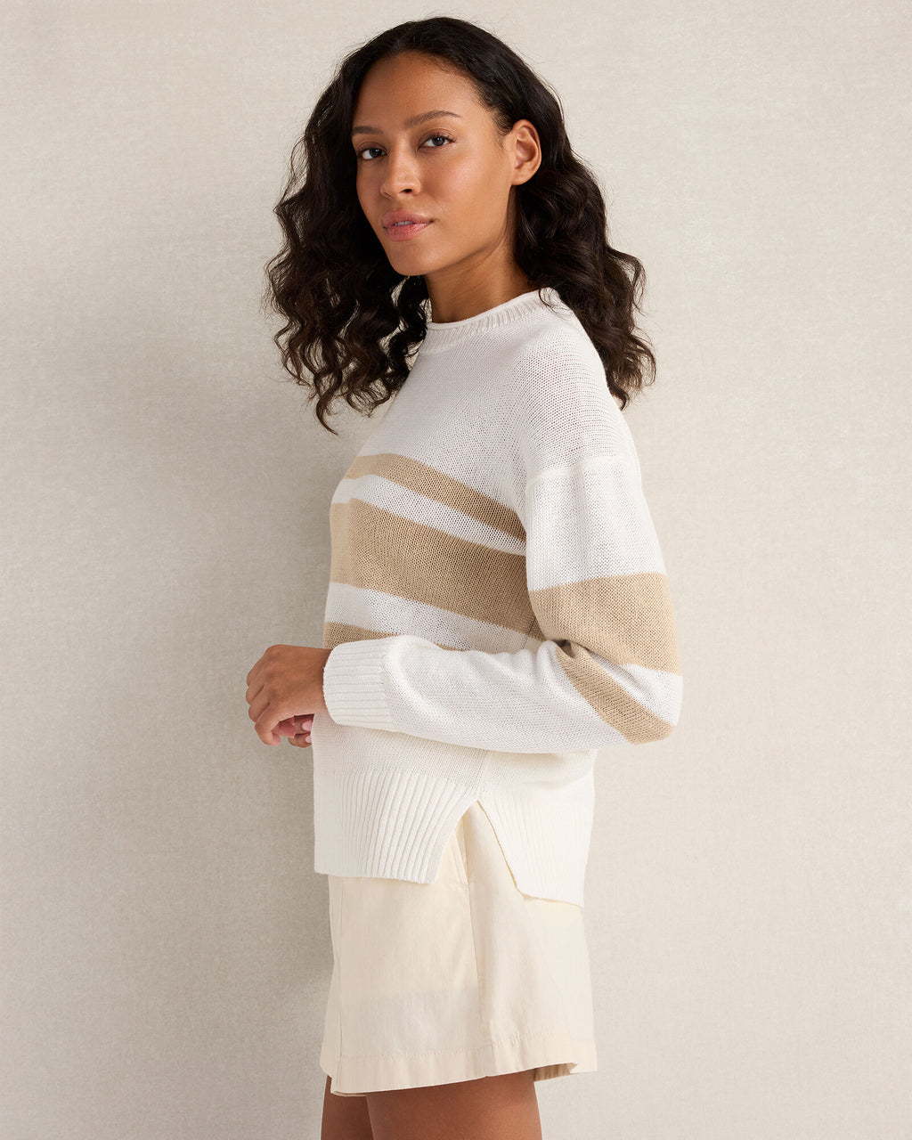 HAVEN Cotton Linen Stripe Roll Neck Sweater 52% Linen 48% Cotton