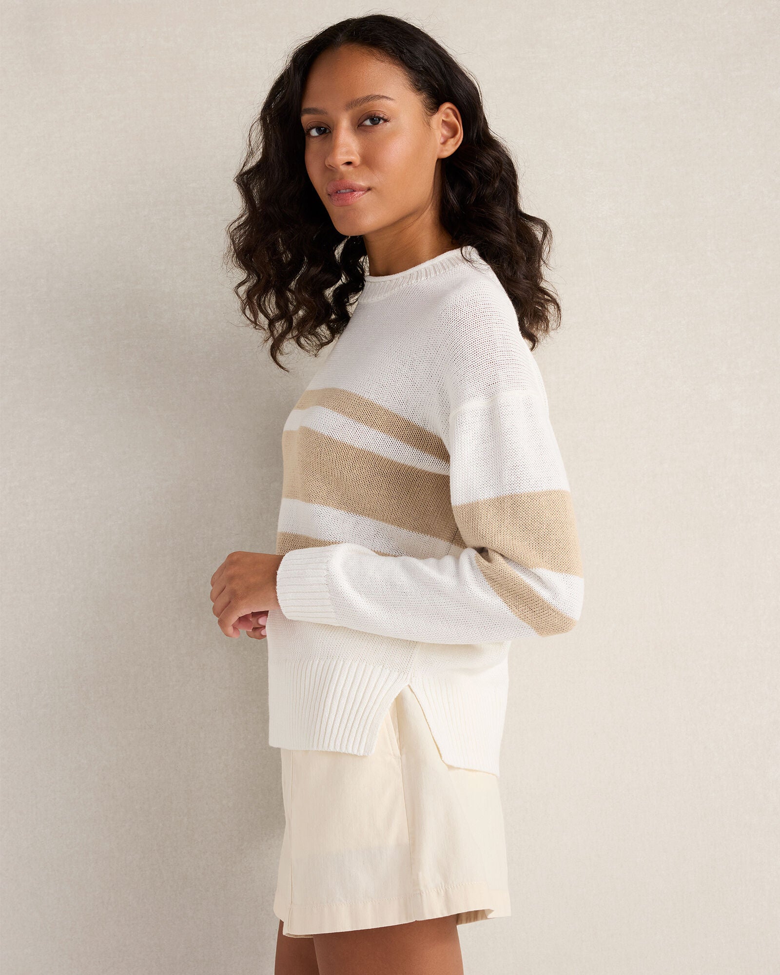 HAVEN Cotton Linen Stripe Roll Neck Sweater 52% Linen 48% Cotton