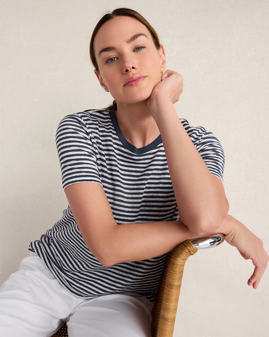 HAVEN Linen Striped Short Sleeve Tee 100% Linen