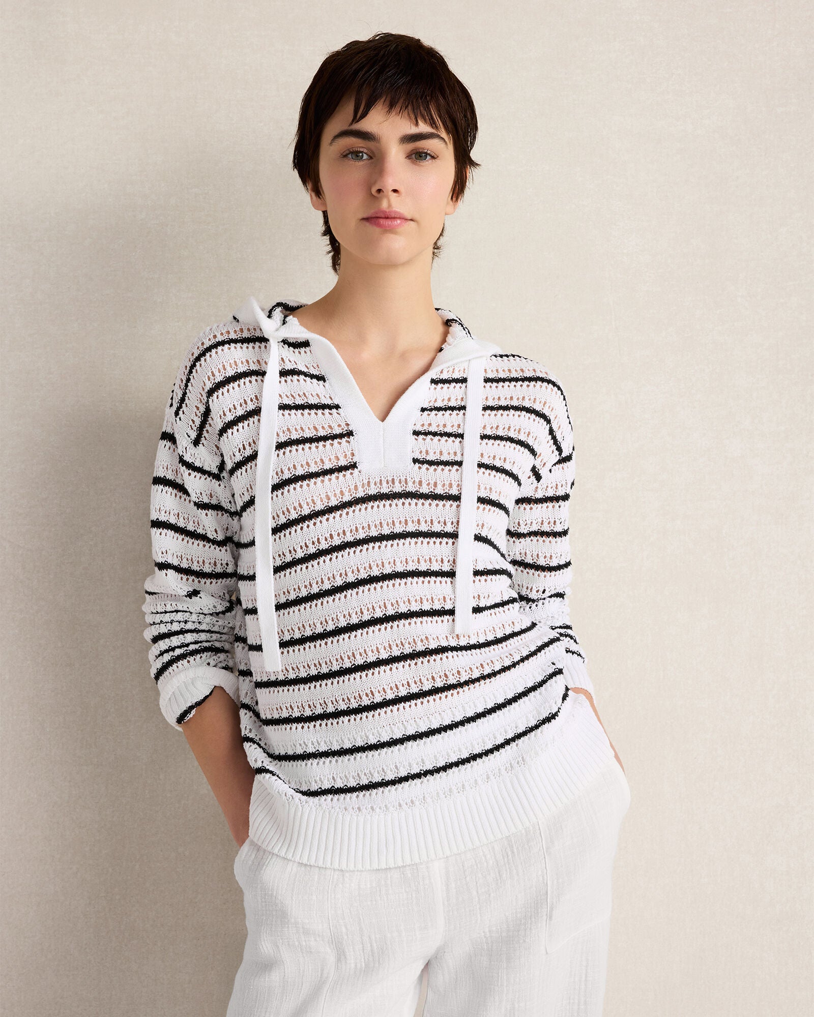 HAVEN Linen Cotton Blend Striped Open Stitch Hoodie 52% Linen 48% Cotton