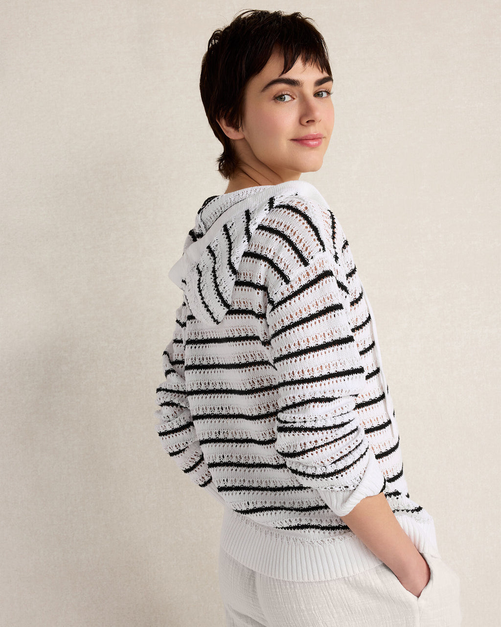 HAVEN Linen Cotton Blend Striped Open Stitch Hoodie 52% Linen 48% Cotton