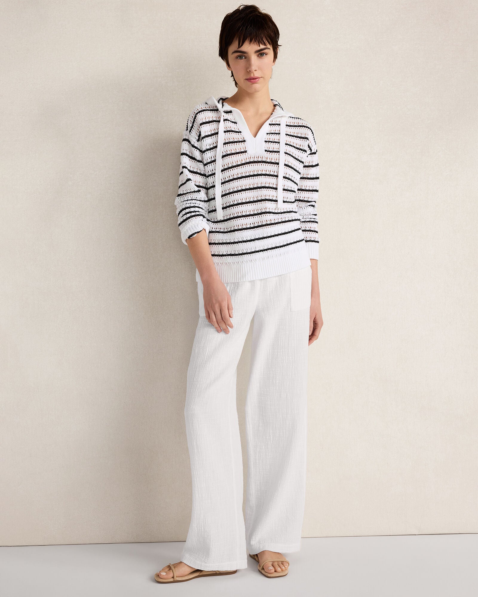 HAVEN Linen Cotton Blend Striped Open Stitch Hoodie 52% Linen 48% Cotton